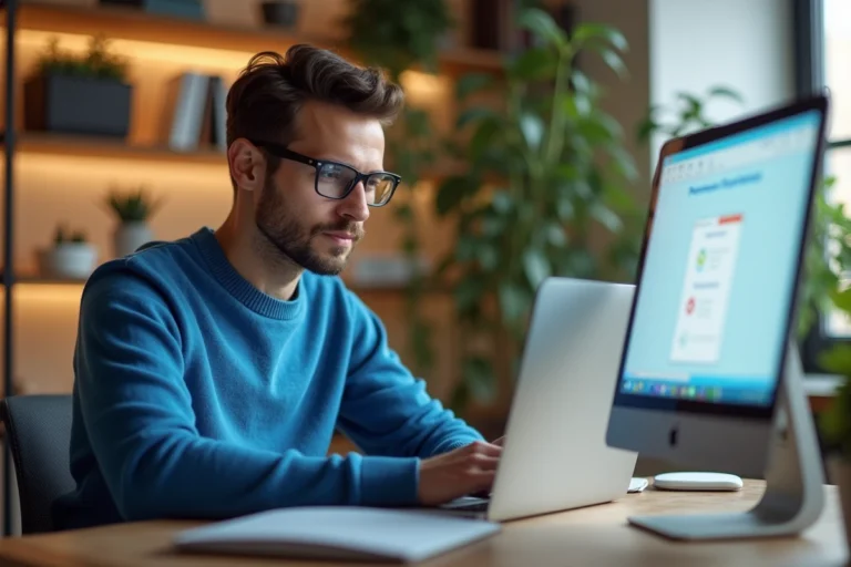 Jeune homme concentré travaillant sur son ordinateur dans un bureau lumineux