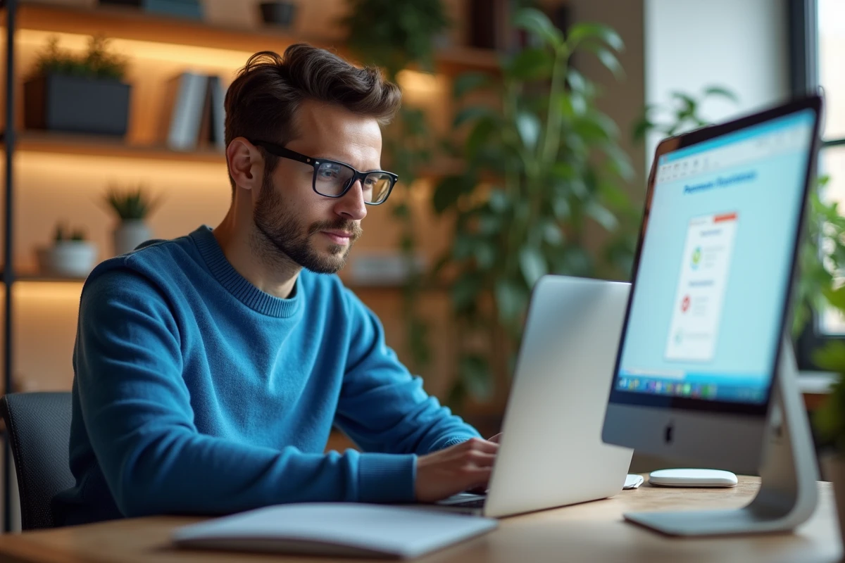 Jeune homme concentré travaillant sur son ordinateur dans un bureau lumineux