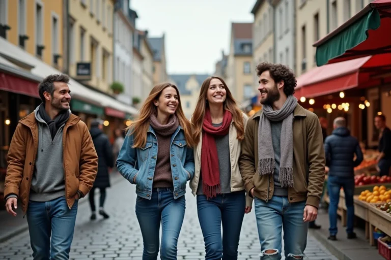 Groupe de jeunes adultes dans une rue de Rennes lors d'un marché