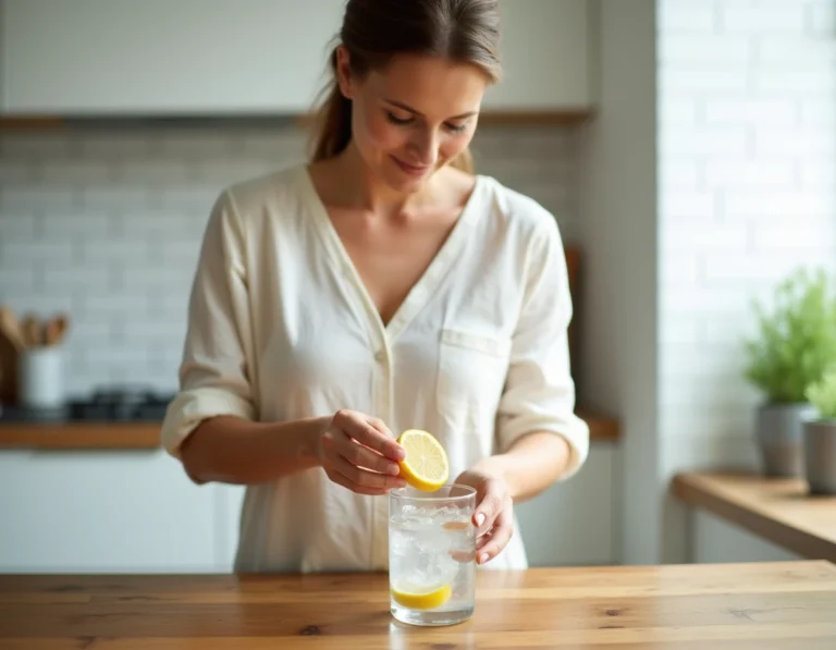 Femme pressant un citron dans un verre d'eau pendant le jeûne intermittent dans une cuisine moderne