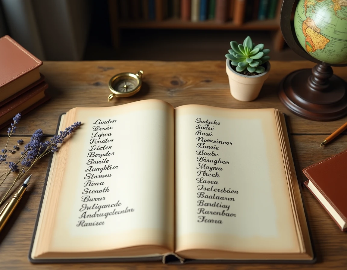 Liste manuscrite de prénoms rares et originaux pour garçon posée sur un bureau en bois avec des objets vintage