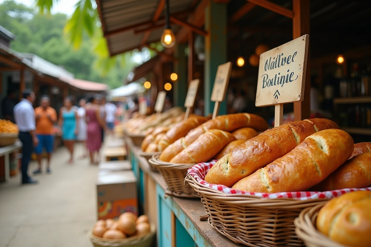 Étal de marché antillais avec des pains au beurre créoles dans des paniers en osier, marché traditionnel de Guadeloupe