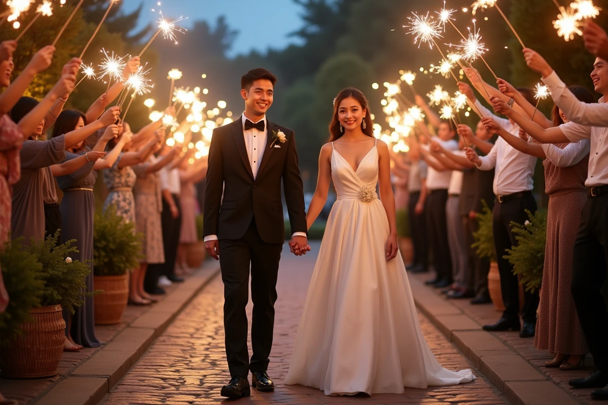 Jeune couple de mariés avec invités tenant des sparklers en extérieur