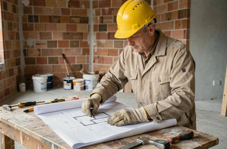 Ouvrier du bâtiment qui examine des plans architecturaux sur un chantier de rénovation intérieure