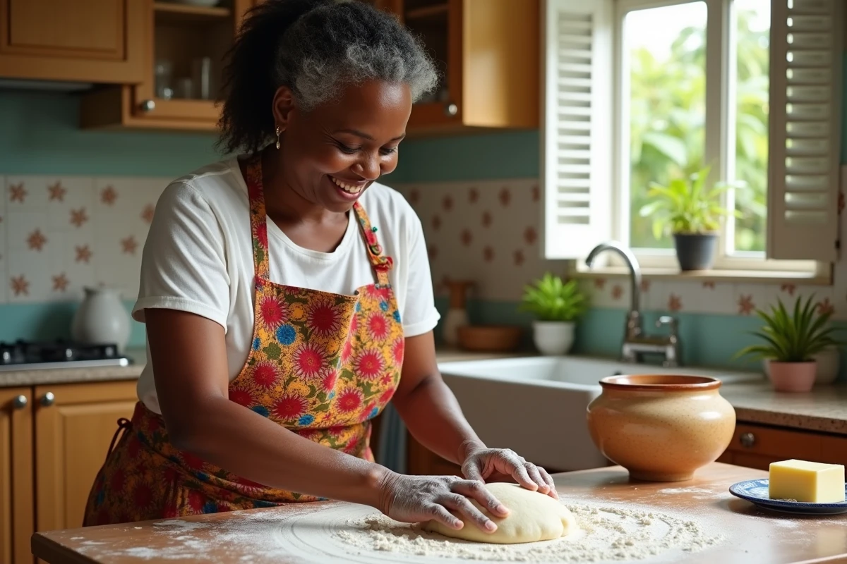 Femme antillaise préparant la pâte du pain au beurre créole dans une cuisine traditionnelle de Martinique avec tablier madras
