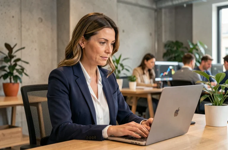 Professionnelle en blazer marine analysant des données sur un ordinateur portable dans un espace de co-working moderne