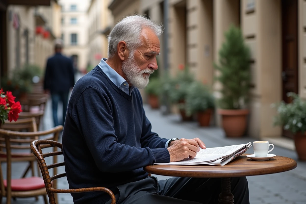 Homme retraité détendu lisant son journal en terrasse de café dans une ville de province française