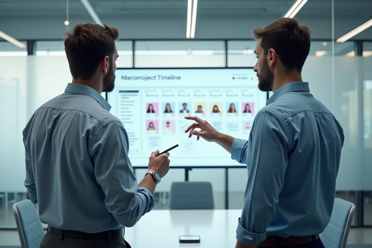 Deux collègues masculins en salle de réunion utilisant un écran interactif pour gérer un projet collaboratif en entreprise