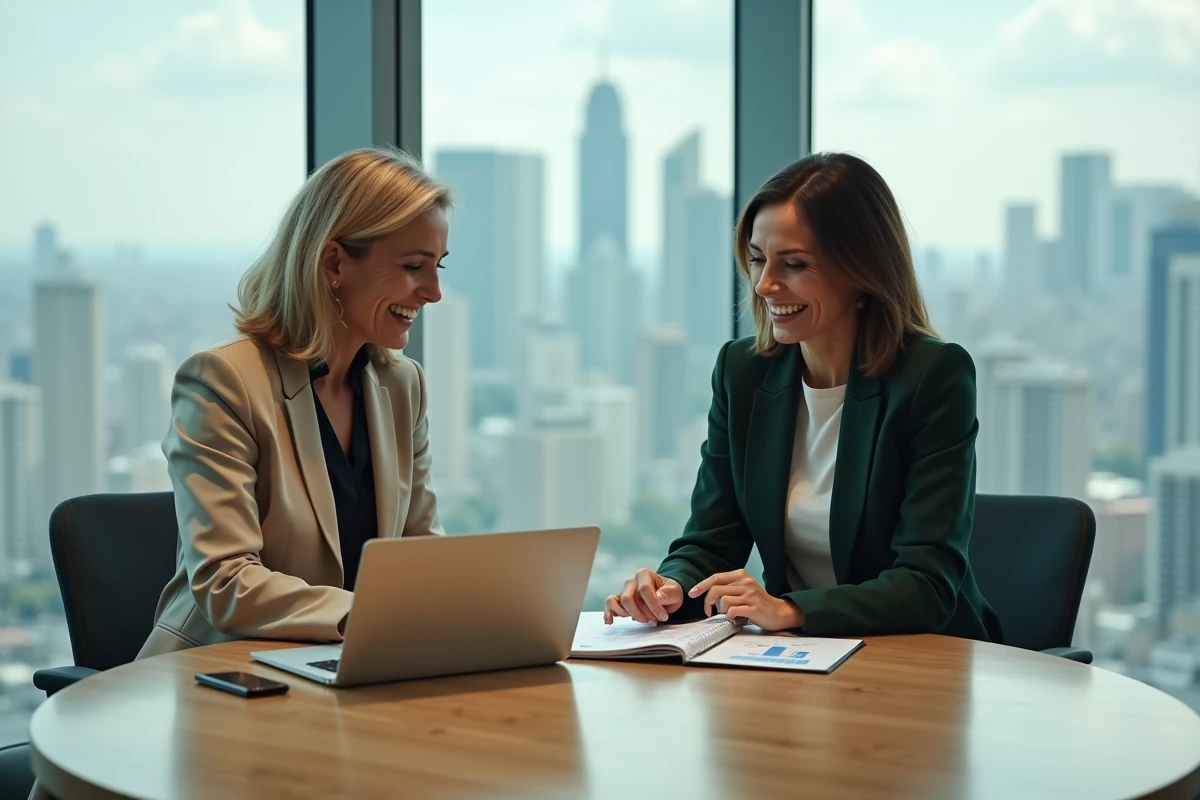Deux femmes entrepreneures en réunion de travail collaboratif dans une salle de conférence moderne, symbolisant le développement professionnel féminin