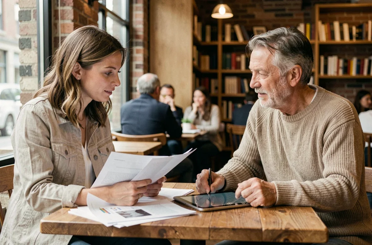 Deux professionnels discutant de solutions innovantes pour le développement d'activité autour d'une table dans un café urbain