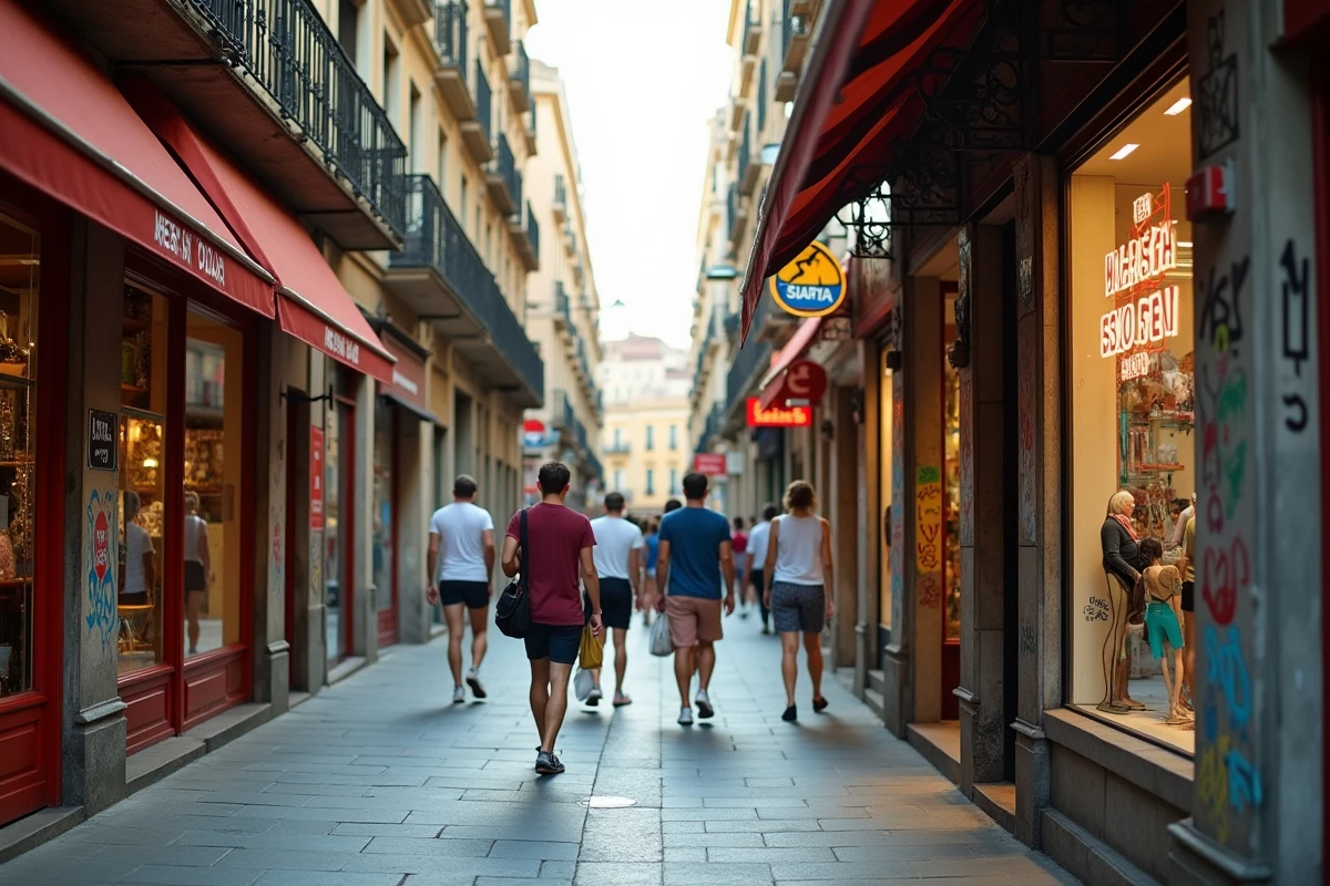 Rue commerçante animée de Barcelone avec devanture de boutique spécialisée, illustrant le contexte commercial de la vente de poppers en Espagne