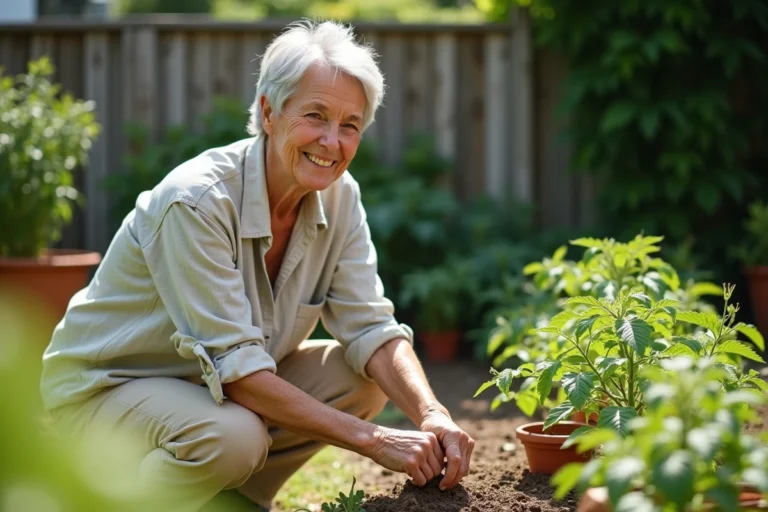 Femme senior épanouie faisant du jardinage dans son potager, illustrant une retraite active et sereine