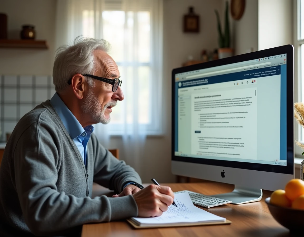 Senior remplissant le formulaire 3233-SD sur ordinateur avec notes manuscrites dans une cuisine