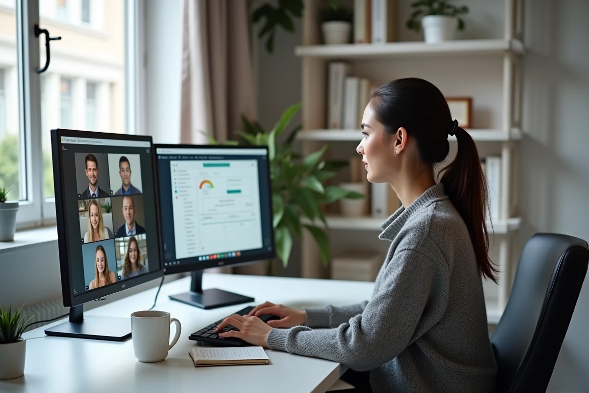 Jeune femme en télétravail utilisant un double écran pour une réunion vidéo et des outils collaboratifs en ligne