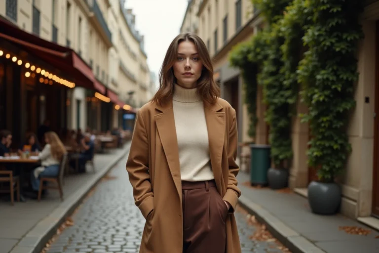 Femme élégante portant un blazer camel oversize et un pantalon large dans une rue pavée parisienne, tendances mode automne-hiver