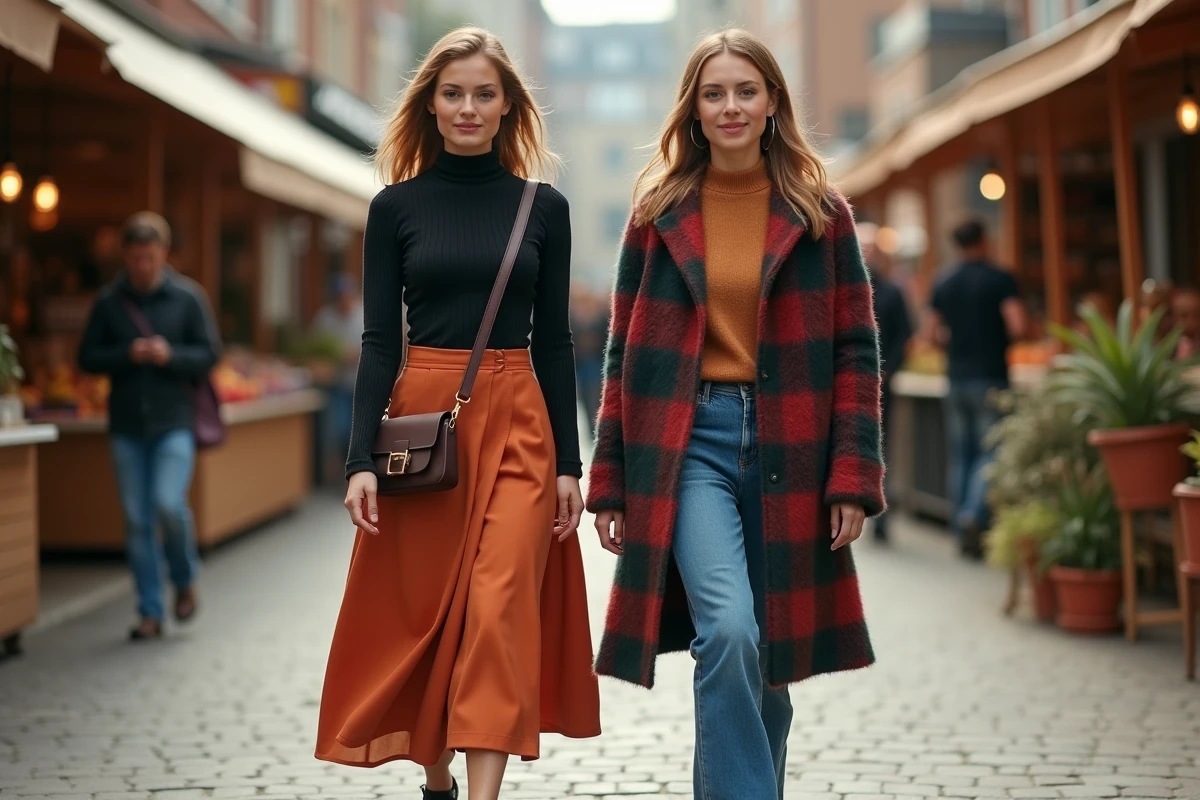 Deux femmes stylées en jupe midi et manteau oversize à carreaux marchant dans un marché extérieur, tendances mode femme automne