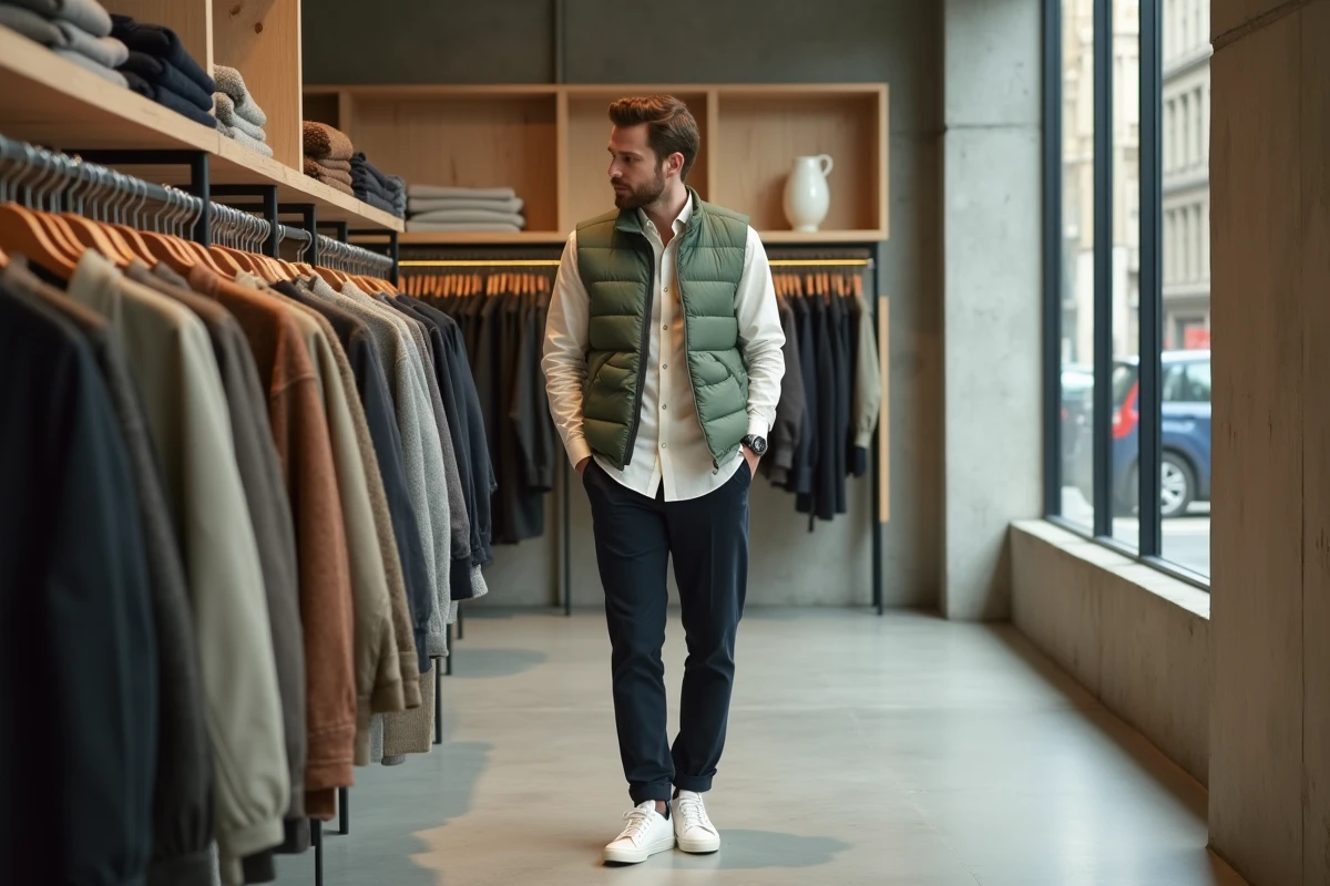 Homme tendance en veste matelassée verte dans un concept store minimaliste, mode masculine contemporaine saison automne
