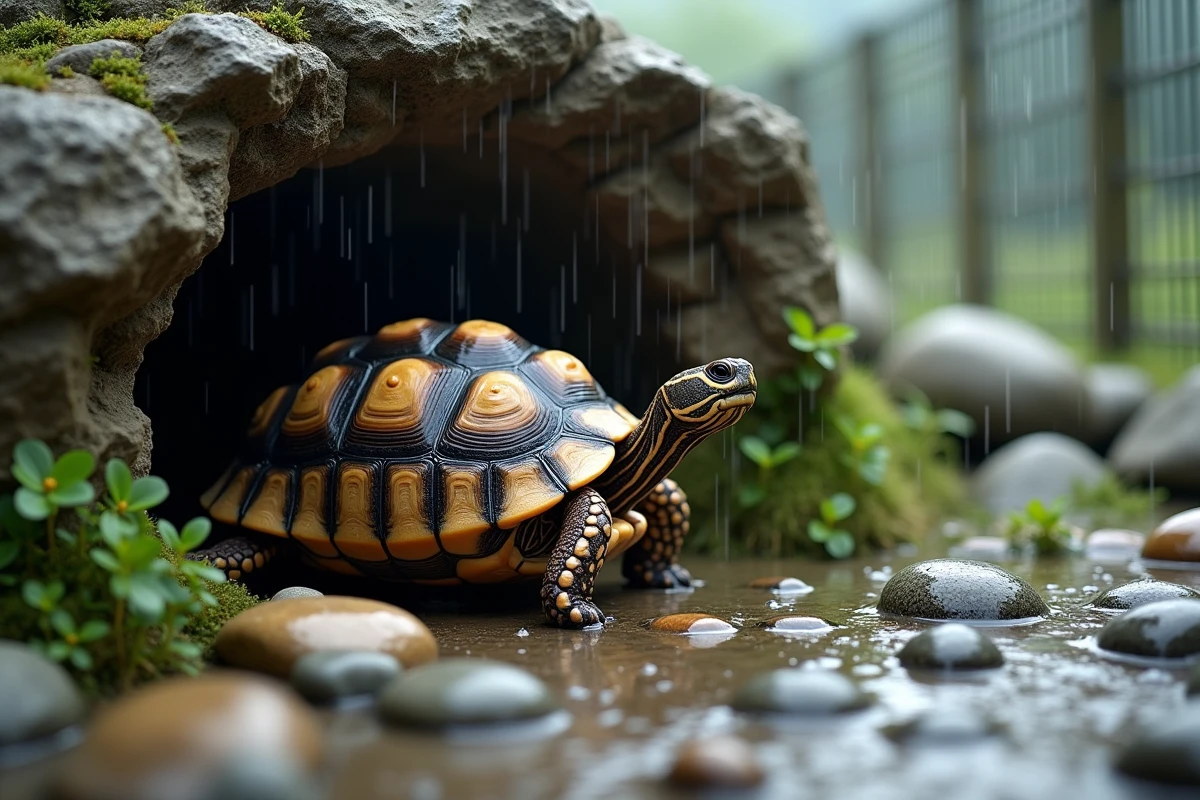 Tortue russe à l'abri sous des rochers par temps de pluie dans un enclos naturel