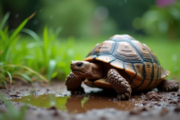 Tortue terrestre Hermann sous la pluie dans un jardin humide avec des gouttes d'eau sur sa carapace
