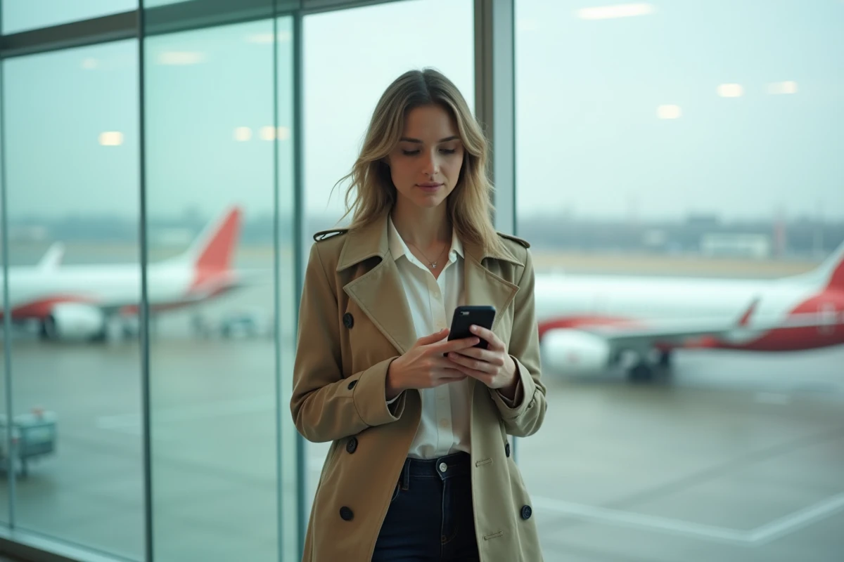 Voyageuse en trench coat consultant son smartphone pour appeler le numéro Flying Blue Platinum depuis un terminal d'aéroport