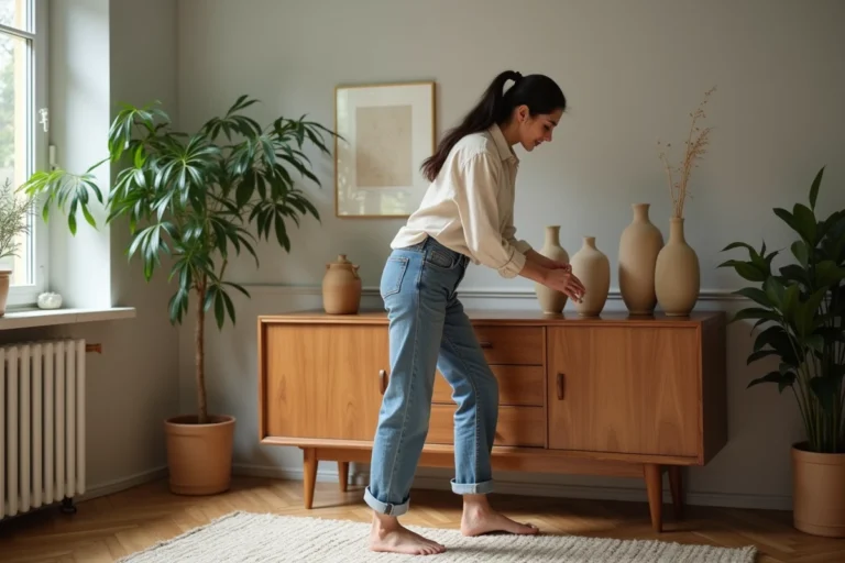 Jeune femme arrangeant des vases en céramique dans un salon