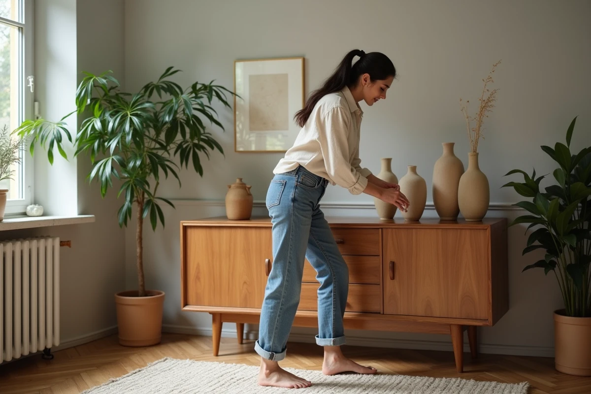 Jeune femme arrangeant des vases en céramique dans un salon