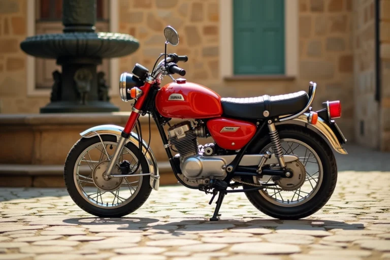 Yamaha Chappy 125 garé sur une place de village provençale en cobblestone, vue 3/4 avant mettant en valeur le design rétro et les détails chromés