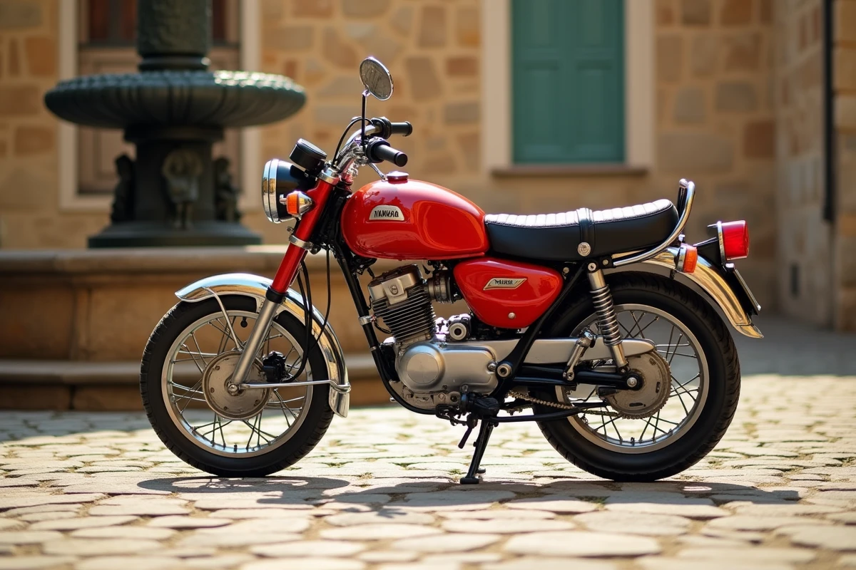 Yamaha Chappy 125 garé sur une place de village provençale en cobblestone, vue 3/4 avant mettant en valeur le design rétro et les détails chromés